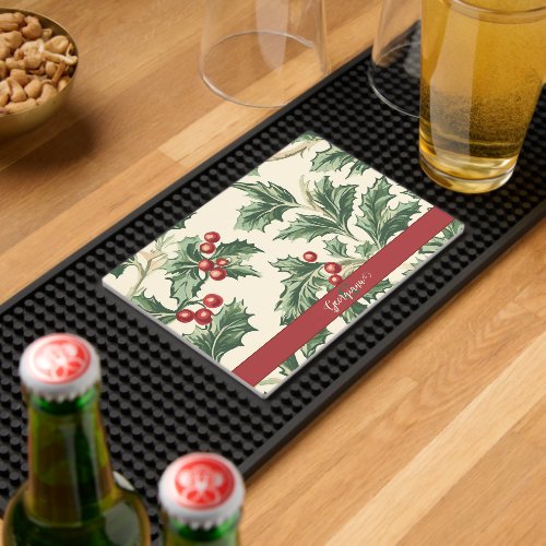 Monogram Vintage Christmas Holly &amp; Berries Pattern Bar Mat
