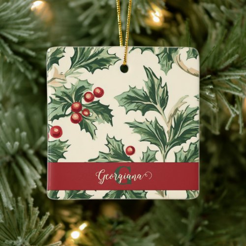 Monogram Vintage Christmas Holly &amp; Berries Pattern Ceramic Ornament