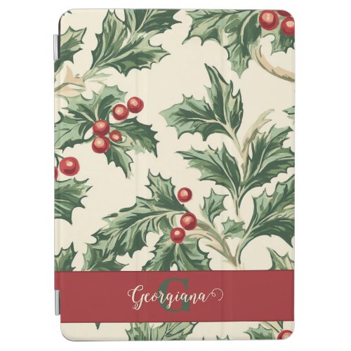 Monogram Vintage Christmas Holly & Berries Pattern iPad Air Cover