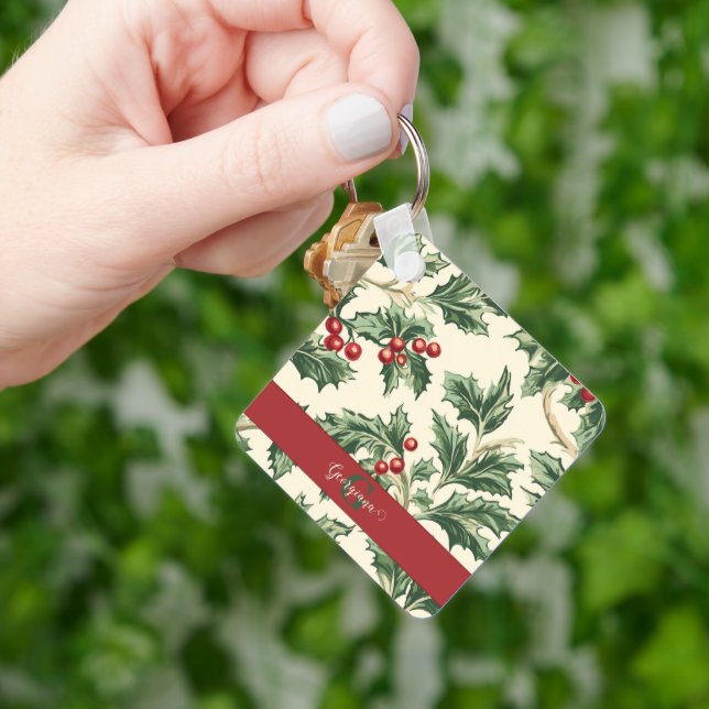 Monogram Vintage Christmas Holly & Berries Pattern Keychain (Hand)