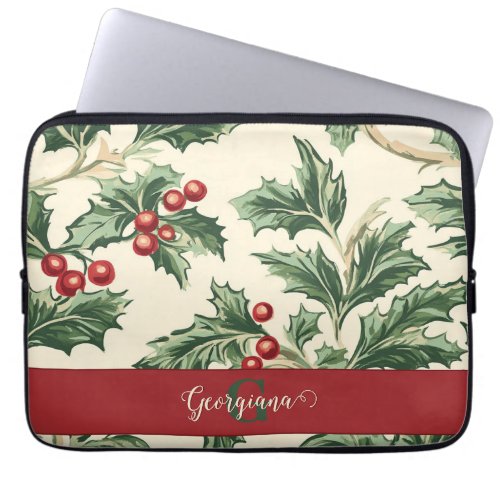 Monogram Vintage Christmas Holly &amp; Berries Pattern Laptop Sleeve