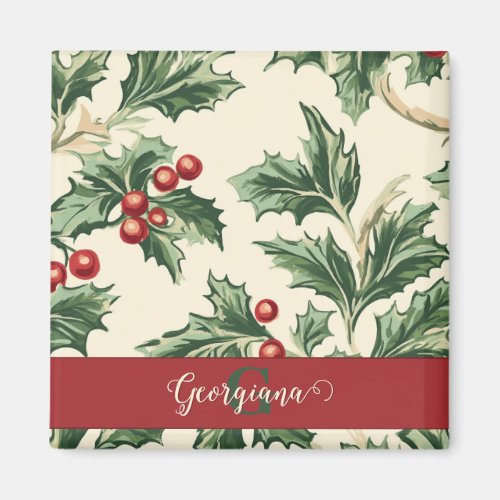 Monogram Vintage Christmas Holly & Berries Pattern Magnet