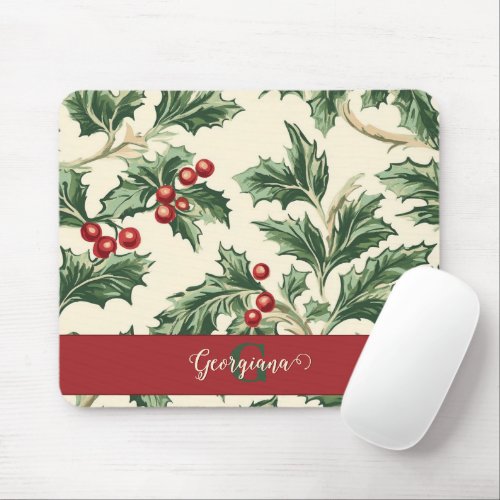 Monogram Vintage Christmas Holly & Berries Pattern Mouse Pad