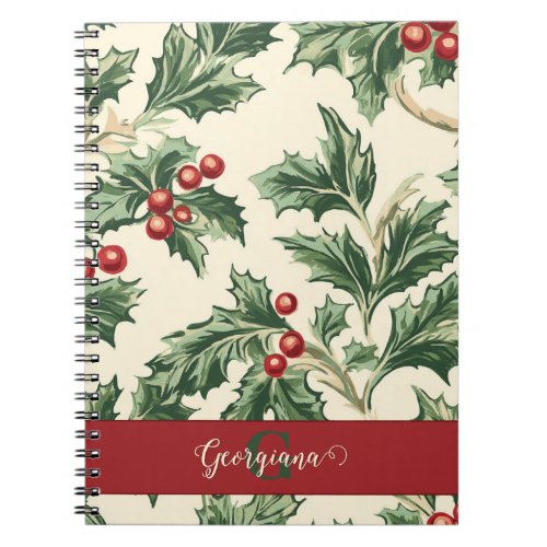 Monogram Vintage Christmas Holly &amp; Berries Pattern Notebook