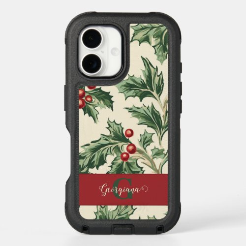 Monogram Vintage Christmas Holly &amp; Berries Pattern iPhone 16 Case