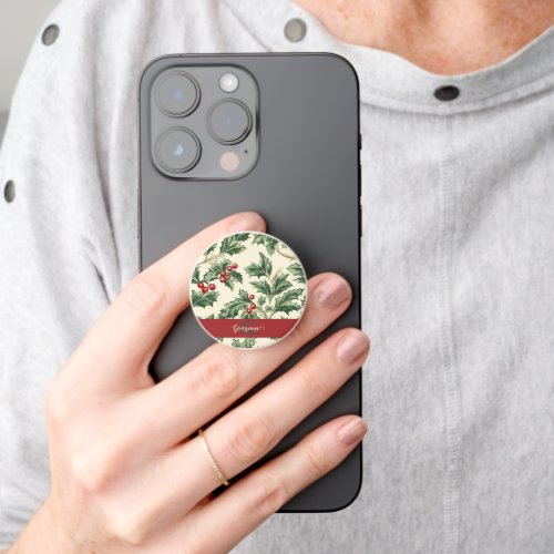 Monogram Vintage Christmas Holly &amp; Berries Pattern PopSocket