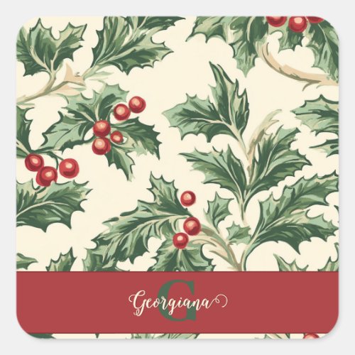 Monogram Vintage Christmas Holly & Berries Pattern Square Sticker