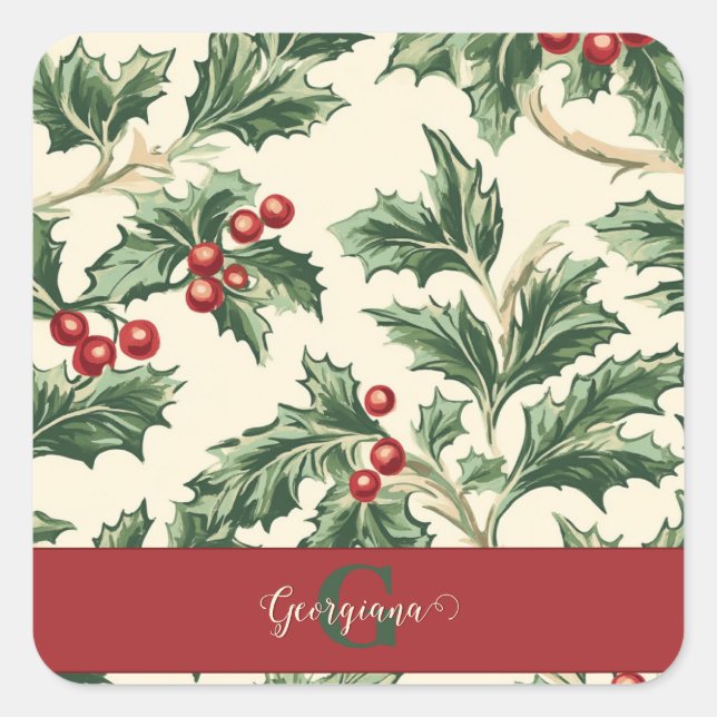 Monogram Vintage Christmas Holly & Berries Pattern Square Sticker (Front)