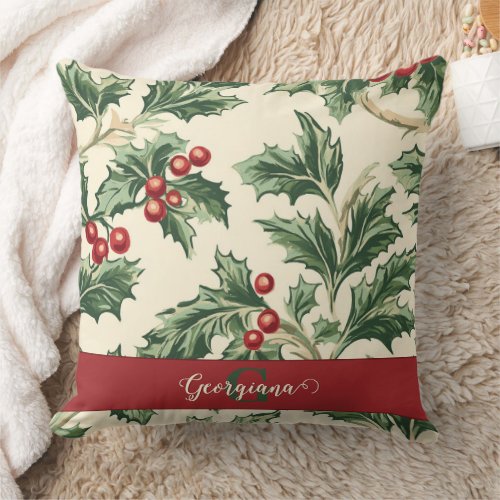 Monogram Vintage Christmas Holly &amp; Berries Pattern Throw Pillow