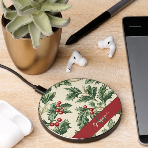 Monogram Vintage Christmas Holly &amp; Berries Pattern Wireless Charger
