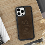 Monogram vintage elegant brown leather look iPhone 16 pro max case<br><div class="desc">Distressed vintage brown leather looking phone case for him.           Personalize it with name initials!         It can make a great gift for dad,  grandpa,  husband,  or best friend on birthday,  Father's Day,  Christmas,  retirement or any other special occasion.</div>
