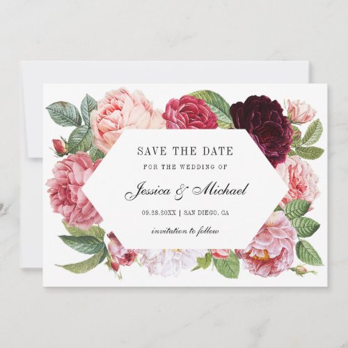 Monogram Vintage Elegant Burgundy Roses Wedding Save The Date