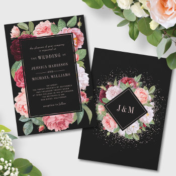 Monogram Vintage Elegant Floral Rose Black Wedding Invitation by WittyBetty at Zazzle