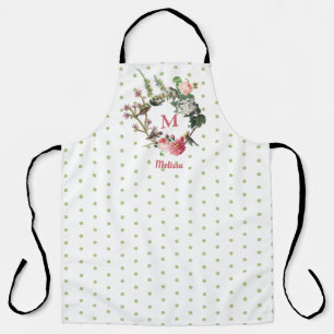 Monogram Vintage Floral & Bird Wreath Polka Dots Apron