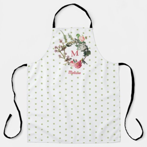 Monogram Vintage Floral  Bird Wreath Polka Dots Apron