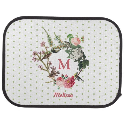 Monogram Vintage Floral  Bird Wreath Polka Dots Car Floor Mat