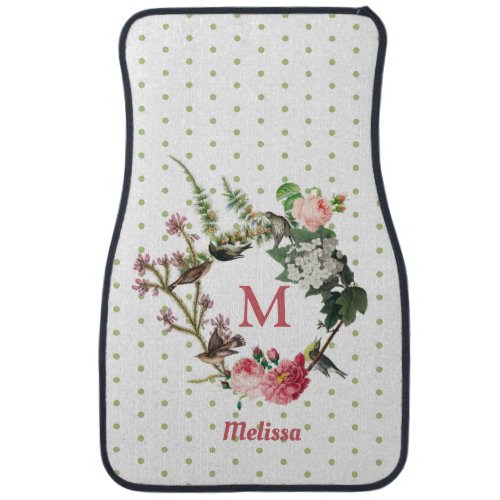 Monogram Vintage Floral  Bird Wreath Polka Dots Car Floor Mat