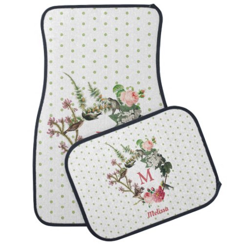 Monogram Vintage Floral  Bird Wreath Polka Dots Car Floor Mat