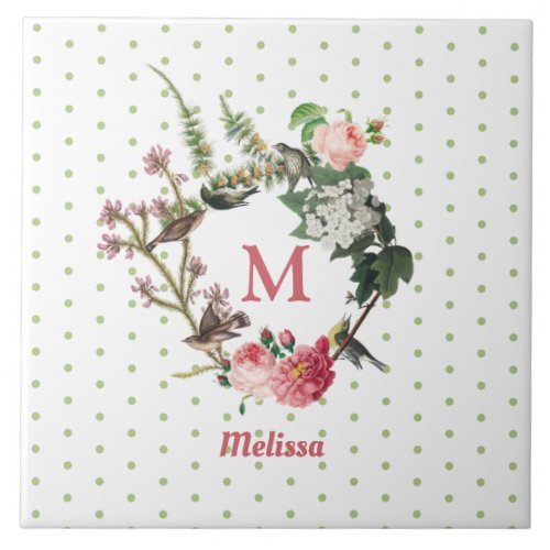 Monogram Vintage Floral  Bird Wreath Polka Dots Ceramic Tile