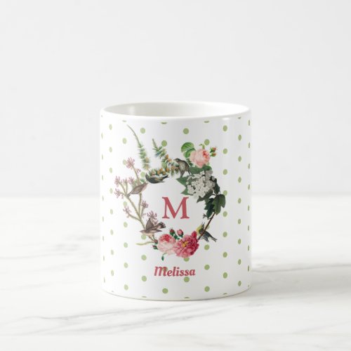 Monogram Vintage Floral  Bird Wreath Polka Dots Coffee Mug