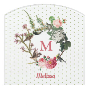 Monogram Vintage Floral & Bird Wreath Polka Dots Door Sign