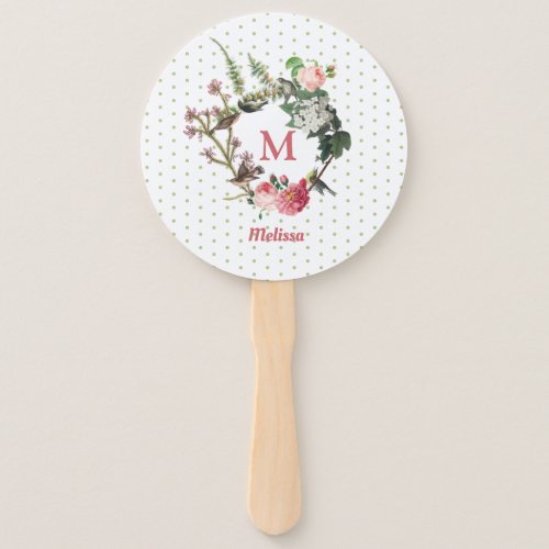 Monogram Vintage Floral  Bird Wreath Polka Dots Hand Fan