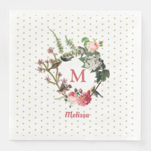 Monogram Vintage Floral & Bird Wreath Polka Dots Paper Dinner Napkins