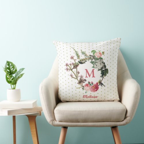 Monogram Vintage Floral  Bird Wreath Polka Dots Throw Pillow