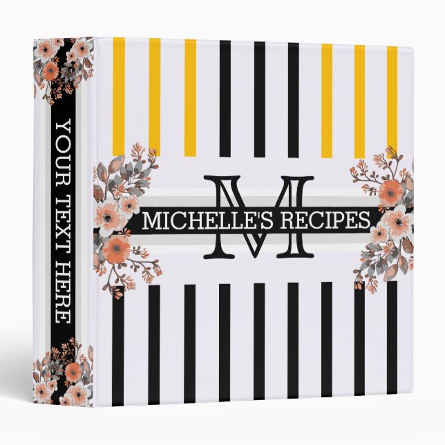 Monogram Vintage Floral Black Amber Stripe Binder (Front/Spine)