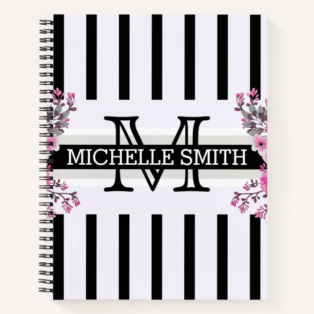 Monogram Vintage Floral Black Stripes Notebook (Front)