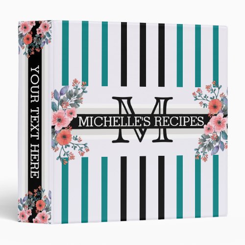 Monogram Vintage Floral Black Teal Stripes 3 Ring Binder