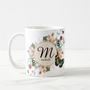 Monogram Vintage Floral Botanicals White Custom Coffee Mug