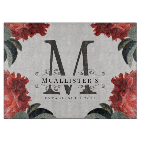 Monogram Vintage Floral Linen Family Established Cutting Board