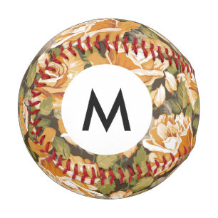 Monogram Vintage Floral pattern of yellow roses Baseball