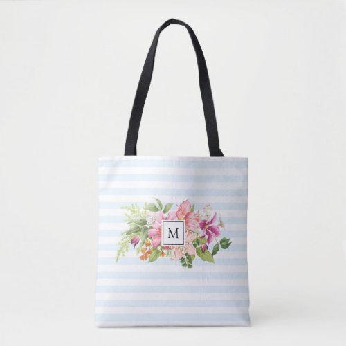 Monogram Vintage Flowers Pink Blue Pastel Tote