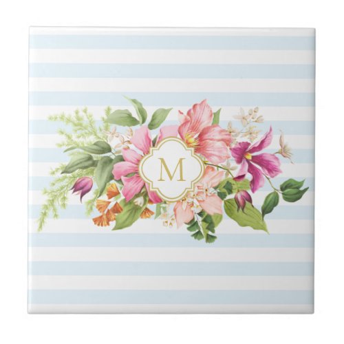 Monogram Vintage Flowers Pink Pastel Ceramic Tile