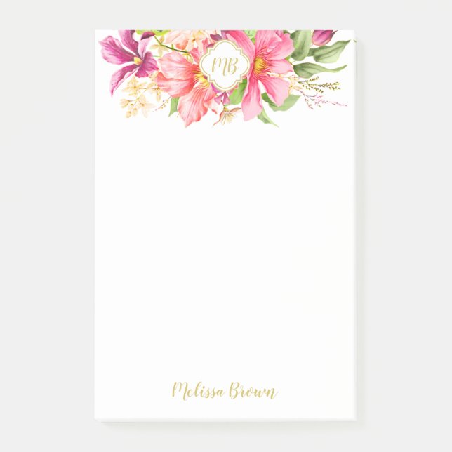 Monogram Vintage Flowers Pink Purple Post-It Notes (Front)