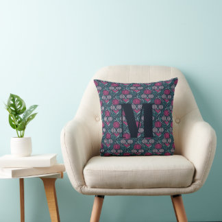 Monogram Vintage Hand Drawn Floral Damask Pattern Throw Pillow