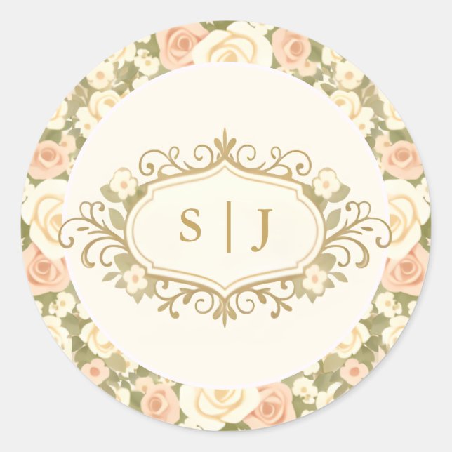 Monogram Vintage Ivory Wedding Classic Round Sticker (Front)