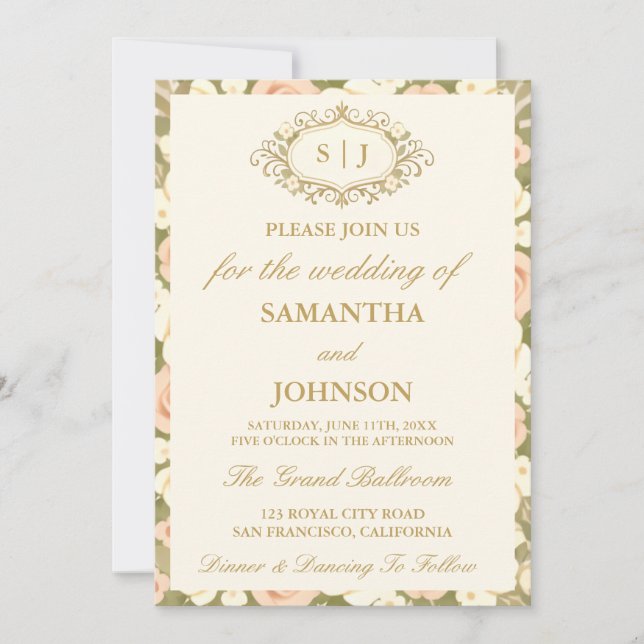 Monogram Vintage Ivory Wedding Invitation (Front)