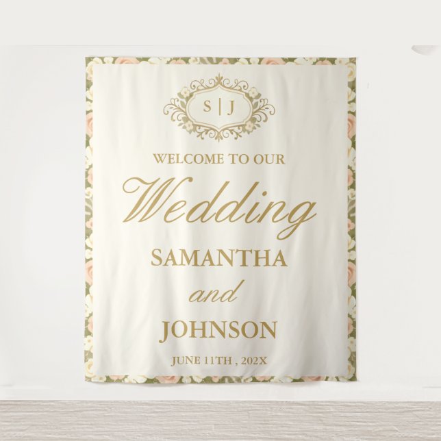 Monogram Vintage Ivory Wedding Welcome Backdrop (Front)