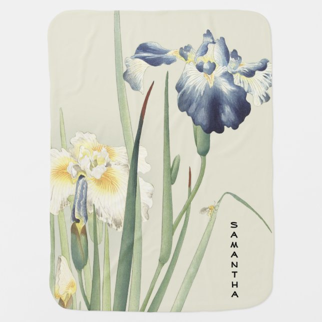 Monogram Vintage Japanese Iris Flower Baby Blanket (Front)
