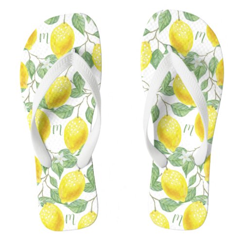 Monogram Vintage Lemon Fruits Leaves and Flowers Flip Flops