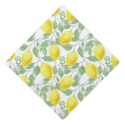 Monogram Vintage Lemon Fruits Leaves and Flowers Graduation Cap Topper