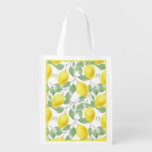 Monogram Vintage Lemon Fruits Leaves and Flowers Grocery Bag