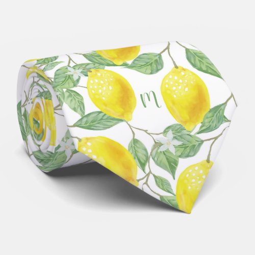 Monogram Vintage Lemon Fruits Leaves and Flowers Neck Tie