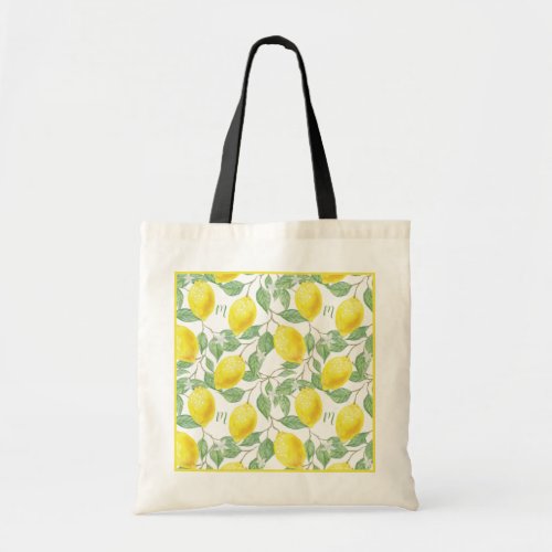 Monogram Vintage Lemon Fruits Leaves and Flowers Tote Bag