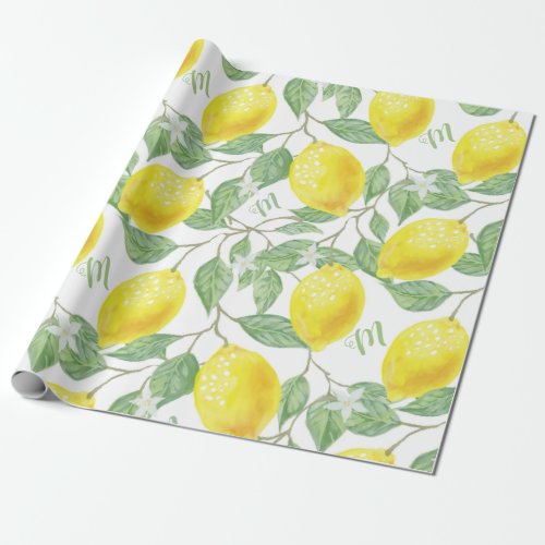 Monogram Vintage Lemon Fruits Leaves and Flowers Wrapping Paper