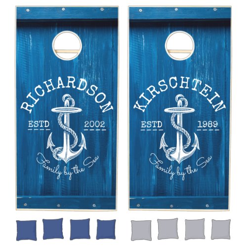 Monogram Vintage Nautical Anchor Blue Painted Wood Cornhole Set