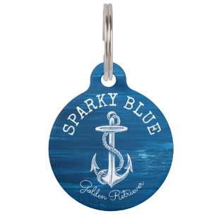 Monogram Vintage Nautical Anchor Blue Painted Wood Pet ID Tag